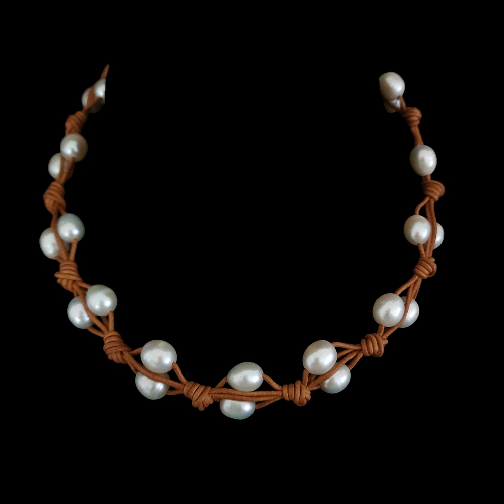 Pearl necklace leather strands cream blush white baroque pearls  A0318 -1Q
